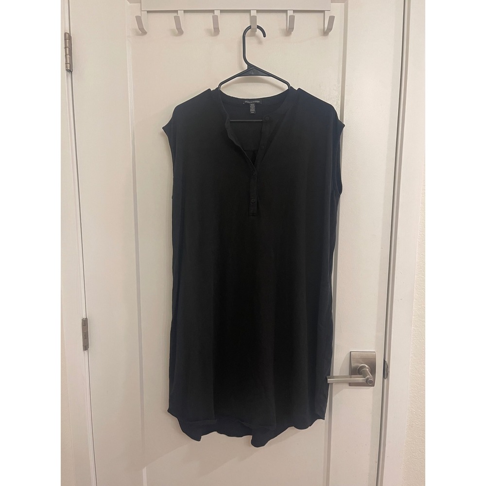 Eileen Fisher Tunic Black V Neck Midi Dress Minimalist Euro Beachy